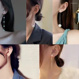 Kolczyki stadninowe Symulacja Pearl Długie kolczyki dla kobiet moda koreańska kryształowy łańcuch kryształowy upuszczenie mysków weselnych biżuteria