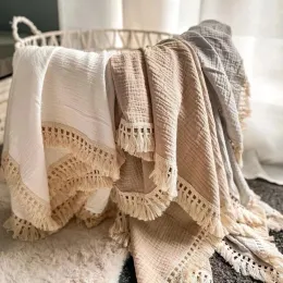 Svadlande baby född filt bomull Muslin Swaddle filtar Baby Tassel Mottagande filt nyfödd swaddle wrap sommar spädbarn täcke täckning