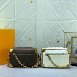 Ny kvinnors mini box axelväska mjuk stam vanilj utanför dragkedja med dragkropp på väskan dekorativ kedja armerad handritad känsla skains designer