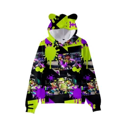 Polos Kişilik Çocukları Hoodie Cosplay Splatoon 3 Kedi Kulak Hoodie Uzun Kollu Erkek Kız Çocuklar Kapşonlu Sweatshirt Ayı Kulak Sweatshirt