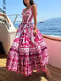 여자 섹시한 인쇄 서스펜더 드레스 패션 v- 넥 허프 허리 큰 스윙 미디 멍청한 여름 여름 세련된 휴가 로브 240419