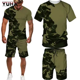 Yuha Summer Camouflage TeesshortssuitsメンズTシャツショーツトラックスーツスポーツスタイルアウトドアキャンプハンティングカジュアル240415
