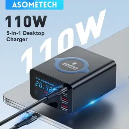 Chargers 110W Tip C Fast Charger Kablosuz Şarj Cihazı LCD Ekran 5 Dizüstü bilgisayar için 1 USB Şarj İstasyonu IPhone 14 13 12 Samsung S22 MacBook