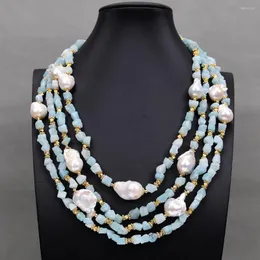 Pendant Necklaces G-G 20'' 4 Rows Cultured White Keshi Pearl Natural Blue Amazonite Rough Stone Necklace Baroque Jewelry Gift