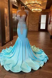 2024 Light Blue Mermaid Prom Dresses Jewel Neck Silver Crystal Rhinestone Beads Cap Sleeves Evening Gowns Formal Dress Sweep Train Open Back