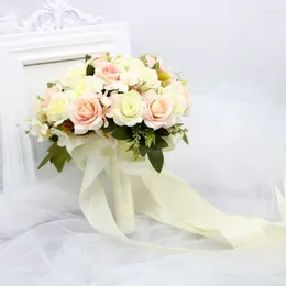 실크 새틴 리본 핑크 흰색 샴페인 신부 들러리 신부 파티와 함께 ​​인공 천연 로즈 꽃가루를 들고 웨딩 꽃