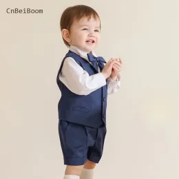 Blazer Cnbeiboom Boutique Boys Girls Abbigliamento set di compleanno formale Birthing Shirt Blue Shirt Short Bowtie Abito da sposa abito da sposa costume