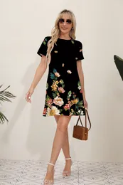 2024 Summer Ladies Elegant Fashion Dress Printed Slim Fit Short Sleeve Round Neck Midi Office Dres Vestido Floral 240422