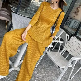 Damen zweisteuelhafte Hosen Y2K Herbst Alter Reduktion Set Frauen 2 Stück O Hals Chic Knöpfe plisdern Streetwear Top Anzug hoher Taille Weitbein Hosen