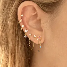 Örhängen Nya koreanska kubiska zirkoniet fjäril länkkedja hoop örhängen kvinnor guld färg spiral tragus blomma moln örhänge piercing smycken