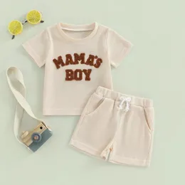 의류 세트 여름 아기 소년 2 조각 와플 의상 짧은 슬리브 문자 자수 티셔츠 셔츠 탄성 허리 반바지 유아의 세트