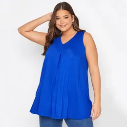 Plus storlek vneck sommar elegant longline väst topp kvinnor casual ärmlös svängning tunika tank veckad detalj flare blus 8xl 240412