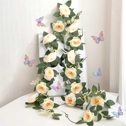 Garland Faux Floral Greenery 2M Artificial Peony Flower With 3D Butterfly Fake Vines Silk Flower Hanging Garland Wedding Arch Garden Background Decor T240422