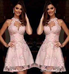 セミフォーマルカクテルドレス2019 New Illusion High Neck Blush Pink Lace Homecoming Dresses Sheer Neck Short Prom Party Gowns Sle2092277