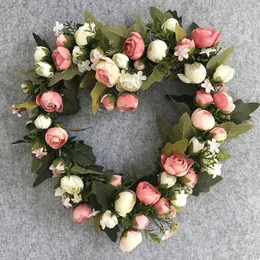 Faux Floral Greenery Artificial Silk Rose Heart Shaped Wreath Wedding House Decoration Door Ring Silk Cloth Flower Festival Decoration T240422