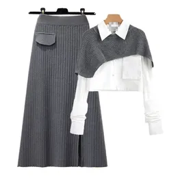 Women's Tracksuit Dress Sets High Street Fashion Two Piece Sets For Women Patchwork Fitted Cropped Shirt And Slit Midi Skirt Set New In Matching Sets