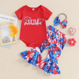 Kleidung Sets Baby Girls 4. Juli Outfit Brief Print Kurzärmel Strampler und Krawatten-Dye Flare Hosen Stirnband Independence Day Kleidung