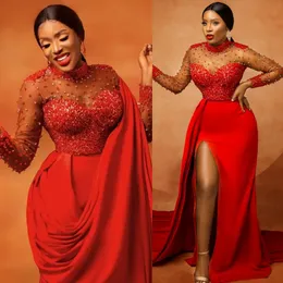 2024 Plus Size Aso Ebi Prom Dresses for Black Women Promdress High Neck Ollusion Long Sleeves Side Side Side Beaded Birth Bressy Second Orvility Am761