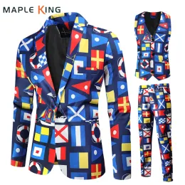 Jackor Men's Casual Suit Coat Vest Pants 3 PCS Set Steampunk Colorful Printed Party Dress Plaid Blazers Jacket Mänbyxor i väst