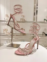 Rene Caovilla Margot Embellished Suede Sandals Cleo Designers Ankle Wraparound Women High Heeled Sandal Flower Rhinestone #02