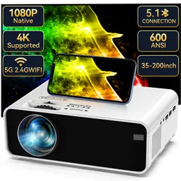 Projektor med 5G WiFi Bluetooth, Native 1080p Movie Projector 4K Support, Video Projector, för HDMI, VGA, USB, Laptop, Android Phone, Home Theatre Office Meeting Room