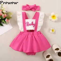 Endelar Prowow Baby Girls Summer 2024 Kläder Backless Hot Pink Bodysuit Dress for Newborns Letter "Baby" Romper Babies Costume