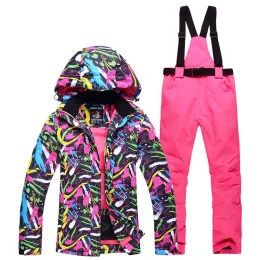 Jaquetas atacadistas mais baratas femininas neve traje de inverno ao ar livre roupas de snowboard de snowboard figurings de esqui a água conjuntos de jaquetas + calça de cinto menina