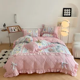 セットフリル寝具セット韓国のプリンセスボウレース羽毛布団カバービンテージフローラルプリントベッドスプレッドガールズロマンチックな装飾ホーム