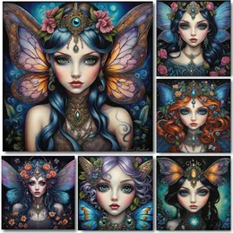 Surreal Butterfly Flower Elf Portrait Posters Prints Gothic Fantasy Big Eyes Angel Canvas Painting Childrens Room Home Decor 240425