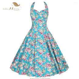 Casual Dresses SISHION Sleeveless Pin Up 50s 60s Vintage Retro VD3829 Halter Cotton Printed Blue Red Yellow Pink Summer Floral Dress