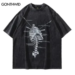 Hip Hop Tshirt Street Giyim Erkekler İskelet Kafatası Baskılı Sıkıntılı Tişört Yaz Harajuku Büyük boyutlu yıkanmış tişört üst tees 240409