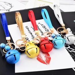 Keychains Double Color Round Bell Keychain Charms Cute Pink Key Chain Women Girl Trinket Car Ring PU Leather Bag Pendant Laveros