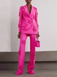 Arbeit Kleider Barbiecore Pink Women Anzüge Set Blazer 2 PCs Jacke Hosen Baumwolle 3D Blume Applikation Prom Kleid formelle Doppelbrustmantel