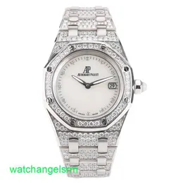 AP Crystal Wrist Watch Royal Oak Serie 18k All White Gold Original Diamond Fritillaria Quarz Damen Watch 67602BC 33 mm