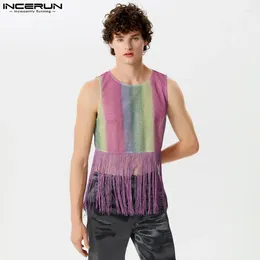 Męskie wierzchołki czołgów Inderun 2024 Style amerykański Rainbow Gradient Parbwork Patchwork Casual Night Clubs Męskie kamizelki bez rękawów S-5xl