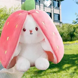 Stuffed Plush Animals 25cm Cosplay Strberry Carrot Rabbit Plush Toy Stuffed Creative Bag into Fruit Transform Baby Cuddly Bunny Plushie Doll For Kid