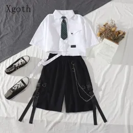 Conjuntos XGOTH SHORTS DE CARGA CONJUNTOS LAPEL CAMISAS DE MANAGEM CURTA SOLO TOPS LACEUP LAGE HIGH LEGAS LEGAS CASUAL CASUAL