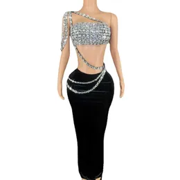 Stage Wear Sparkly Diamonds Tube Top Long Skirt Two Pieces Set for Women Sexy Celebrate Evening Prom Birthday Photo Shoot Dress Stage Wear d240425