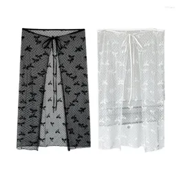 Kjolar kvinnor koreanska se genom mesh lager halva kjol höft halsduk med tips sweet bowknot mönster som täcker förkläde 10cf
