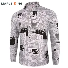 Tofflor ny ankomst avslappnad affärsplikt skjortor män klär vintage tidning tryck långärmad camisa sociala män blommor skjortor m3xl