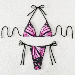 Set fjärilstryck Låg midja bikini Set för kvinnor snör upp hänghal badkläder damer baddräkt brasiliansk thong baddräkt