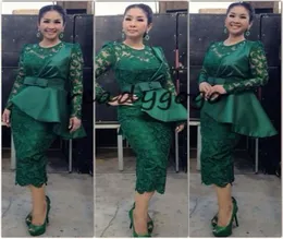 Dark Hunter Green Tealength Prom Partisi Kokteyl Elbiseleri Uzun Kollu 2018 Ankara Aso Ebi Nijerya Dantel Leke Peplum Kısa Çift Çift Çift