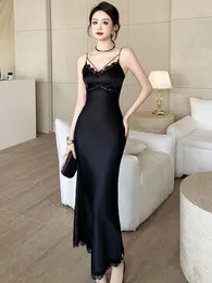 Sıradan elbiseler yaz moda bayan siyah dantel bir splic plaj gece elbise kadın kıyafetleri zarif seksi kayış ince maxi parti balo vestidos robe