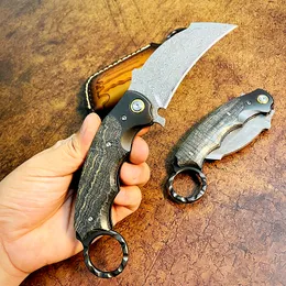 Высококачественный C7147 Outdoor Karambit складной нож VG10 Damascus Steel Blade Full Tang G10 Ручка с когтями с кожаной оболочкой