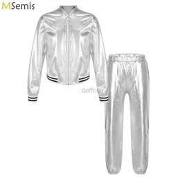 Stage Wear Girls Girls Shiny Metallic Jacket Bomber Coat Outerwear com calça terno para Hip Hop Jazz Dance Stage Streetwear D240425