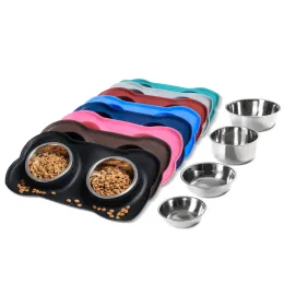 Alimentar tigelas de cães de estimação 2 tigela de cachorro de aço inoxidável sem derramamento não -skid silicone tapete alimento de estimação de água e alimentador de alimentos tigelas