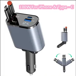 개폐식 자동차 충전기 Auton Laturi 100W 오토 레이더 개폐식 케이블 Cargador de Carro Pengisi Daya Mobil 4 in 1 Car Charger for iPhone 15 및 Type -C