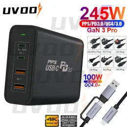 CHARGERS UVOOI 245W GAN 3 PRO USB C Adaptador de energia 4 Porta Tipo C Carga rápida 3.0 QC4 Carregador PD 100W PPS 65W Carregamento rápido para laptops