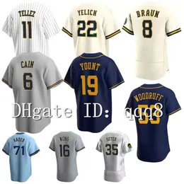 Kob Christian Yelich Maglie da baseball Willy Adames Jackie Bradley Jr. Hank Aaron Robin Yount Woodruff Brent Suter Josh Hader