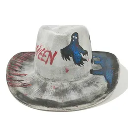 Szerokie brzegowe czapki wiadra czapki 2023 Nowy ręcznie malowany graffiti fedora kowboj kapelusz panie bożonarodzeniowe hat hat na imprezę Panama Knight Hat Y240425